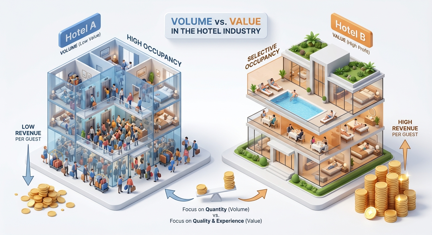 A 3D isometric infographic comparing two hotel business models: Hotel A focuses on high volume and low revenue per guest with crowded rooms, while Hotel B focuses on selective occupancy and high profit per guest with premium experiences and direct bookings.